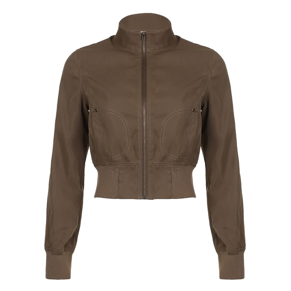 Brown High Neck Crop Zip Up Jacket