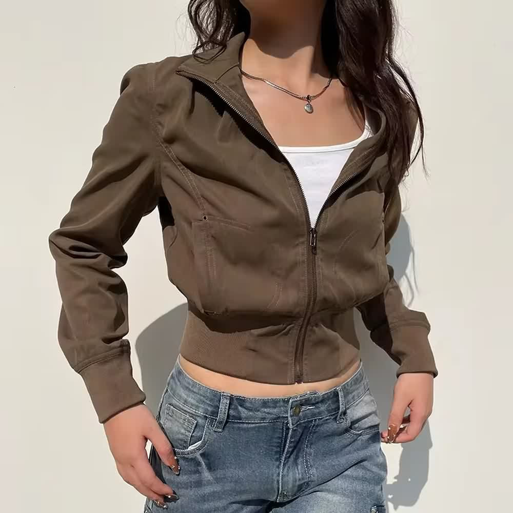 Brown High Neck Crop Zip Up Jacket