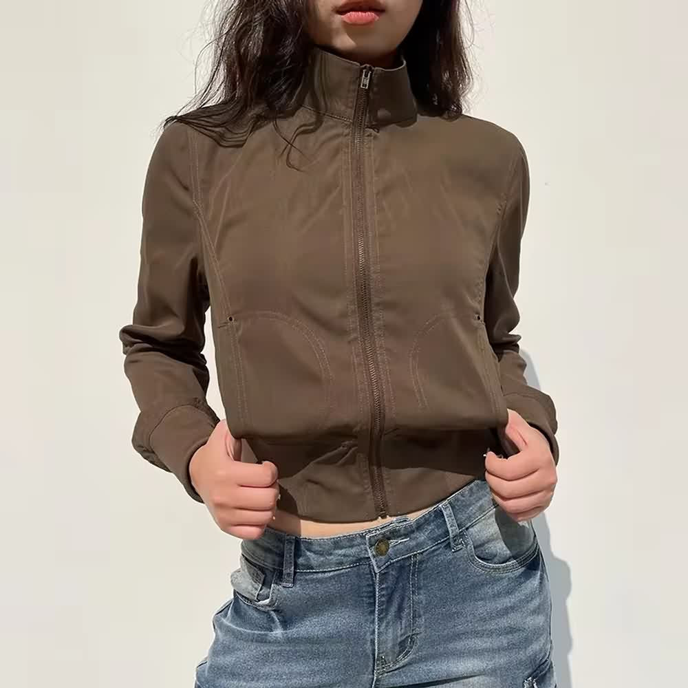 Brown High Neck Crop Zip Up Jacket