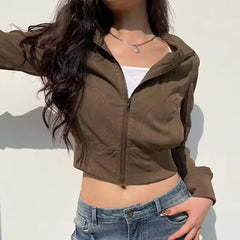 Brown High Neck Crop Zip Up Jacket