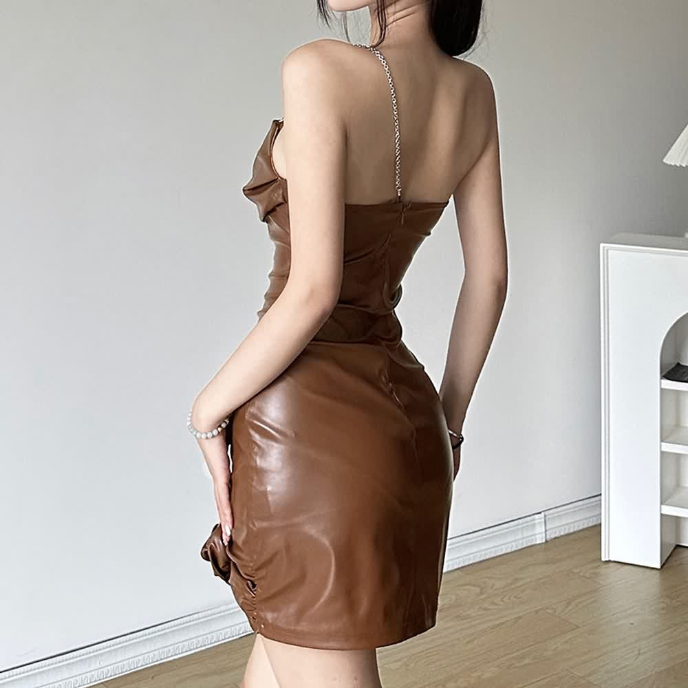 Brown Leather Rose Open Shoulder Mini Dress