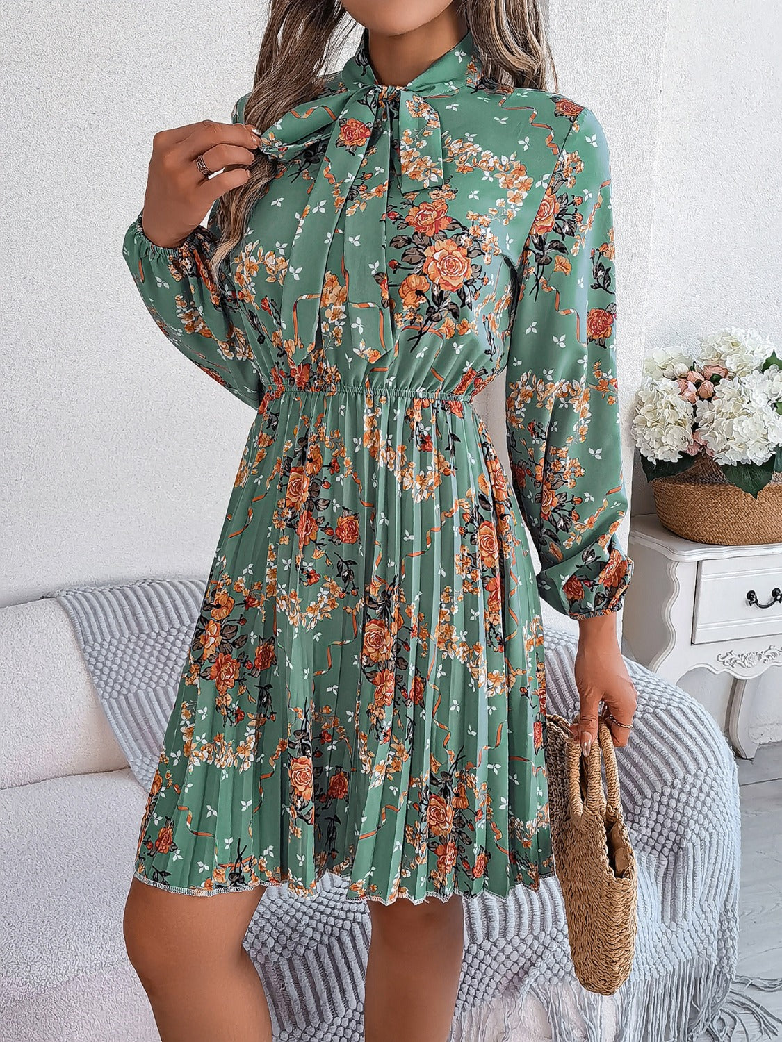 Pleated Printed-Tie Neck Long Sleeve Dress