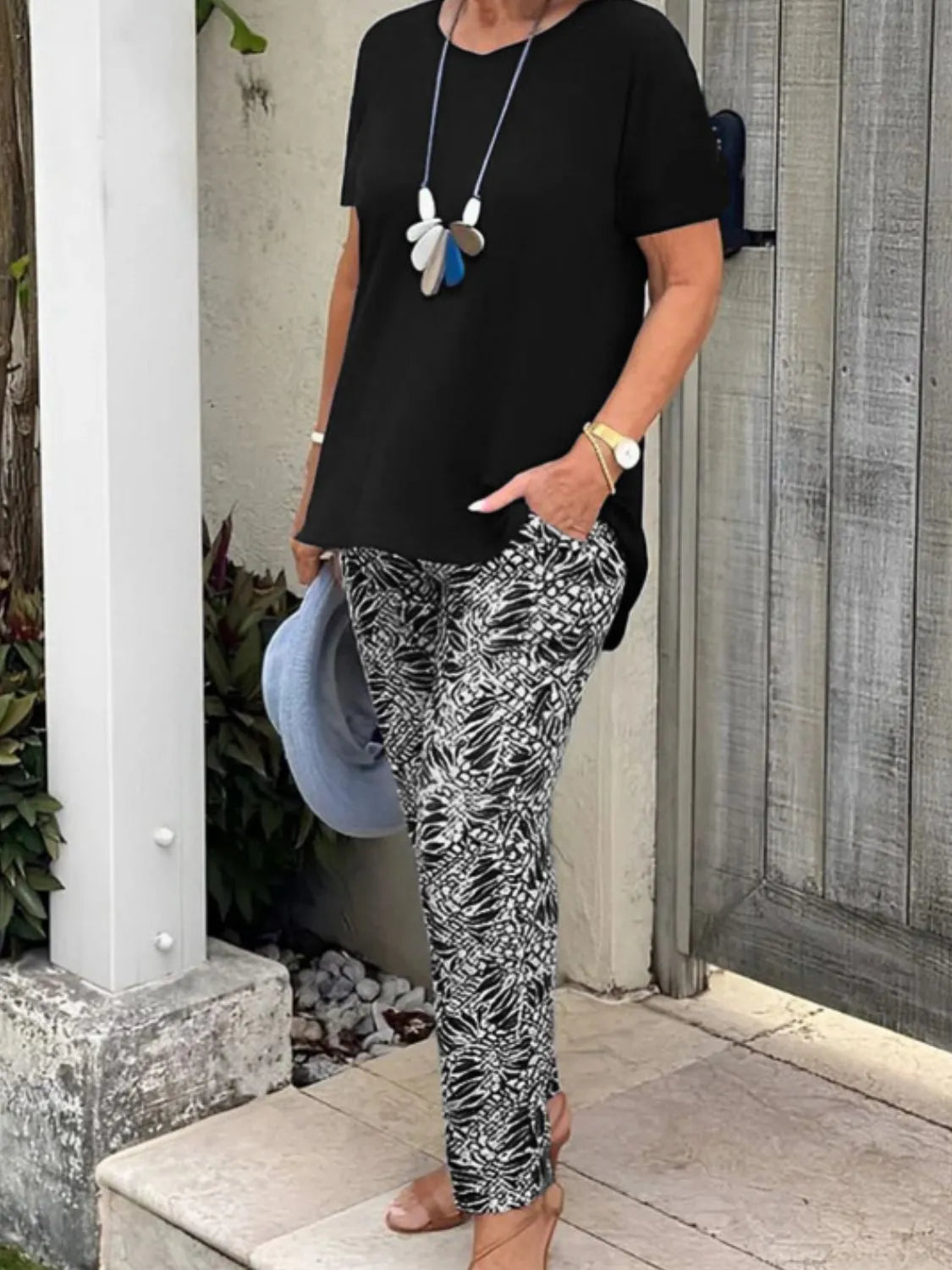 Full Size Round Neck Short Sleeve Top and Pants Set Plus Size