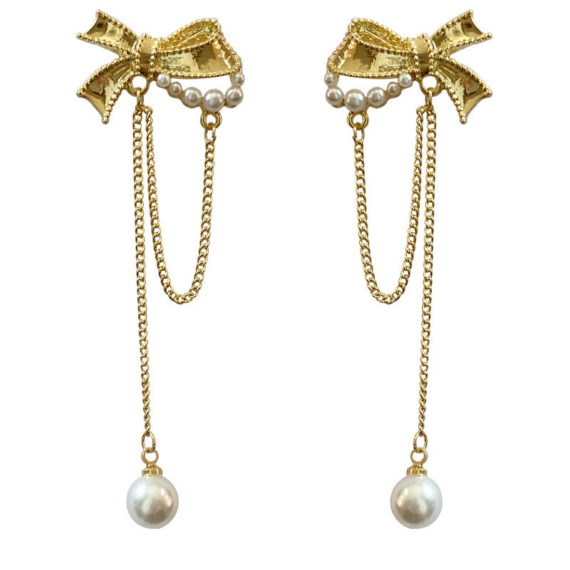 Pearl Bow Fringe Earrings