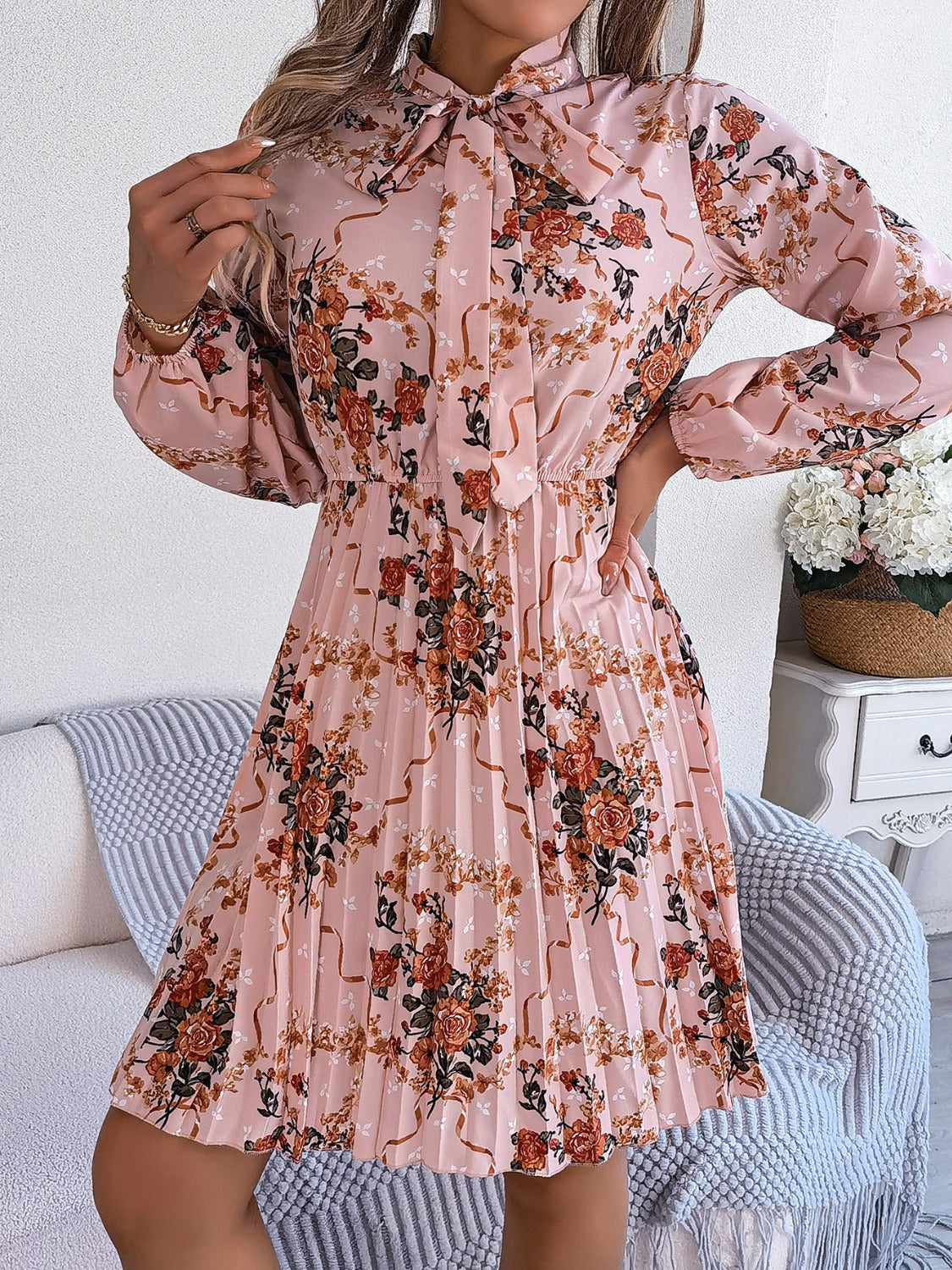 Pleated Printed-Tie Neck Long Sleeve Dress