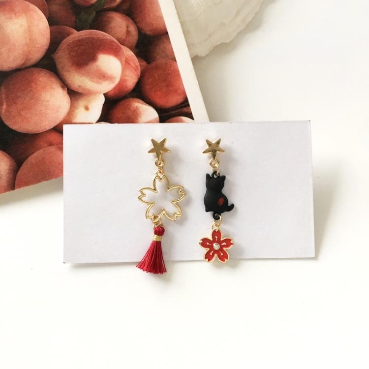 Asymmetric Cute Cat Flower Earrings