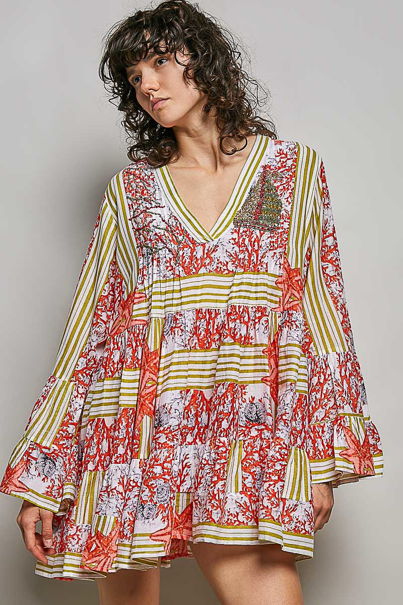 Striped Floral Long Sleeve Mini Dress with Pintuck Detail