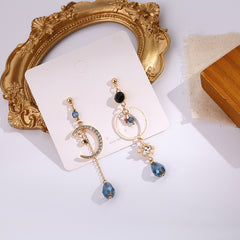 Blue Waterdrop Moon Asymmetric Earrings