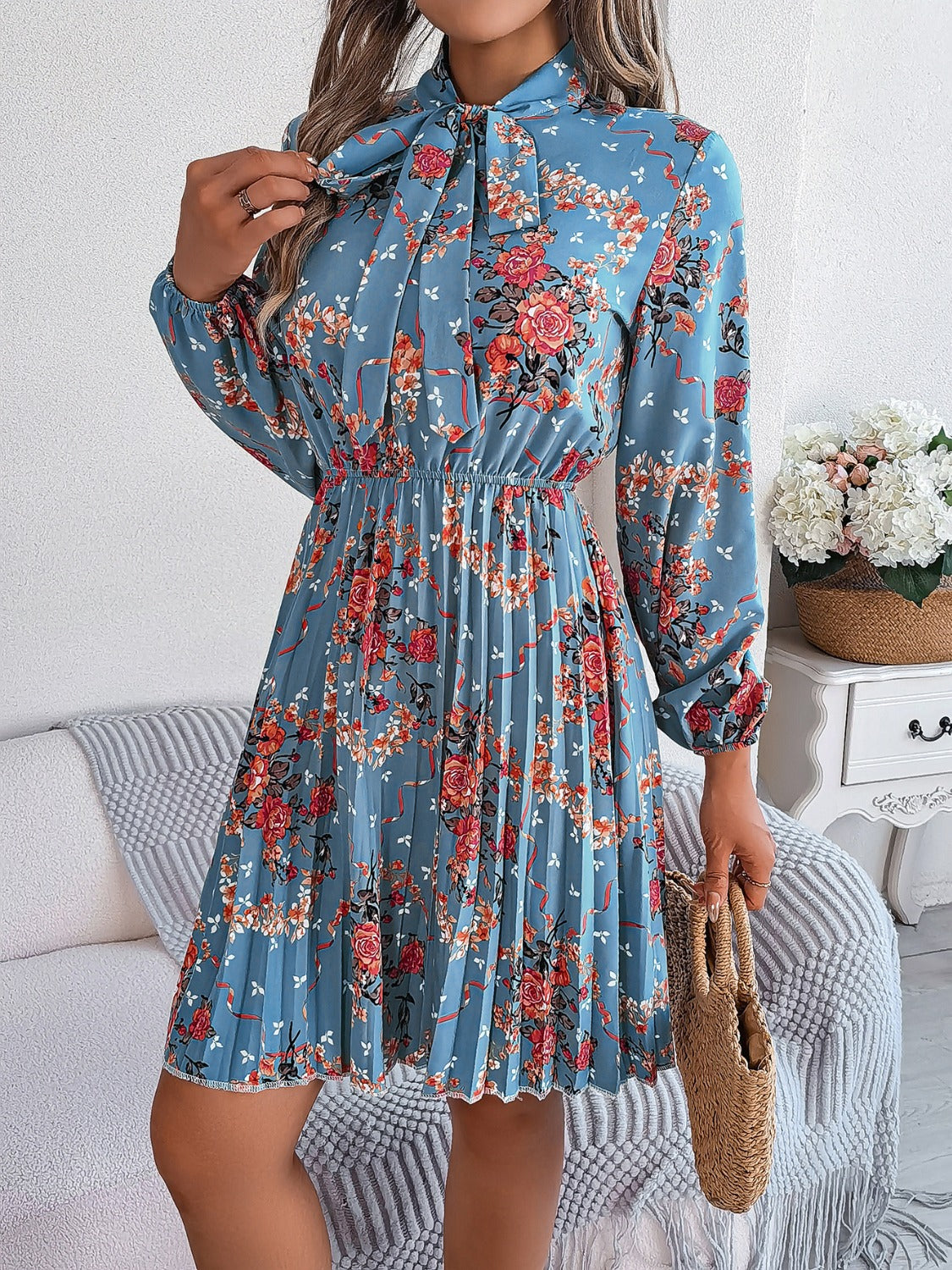 Pleated Printed-Tie Neck Long Sleeve Dress