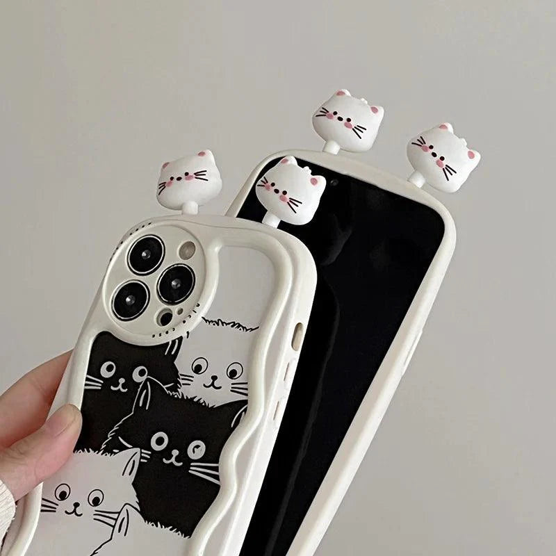 Cartoon 3D Cat Curve Bumper Cute Phone Case Cover for iPhone 11, 12, 13, 14, 15 Pro Max