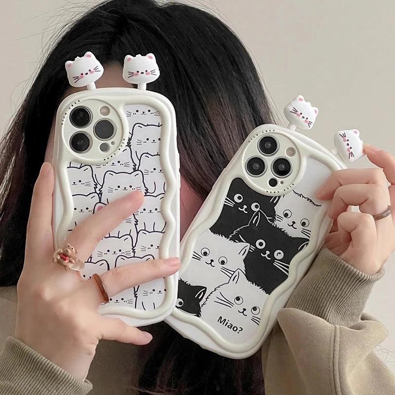 Cartoon 3D Cat Curve Bumper Cute Phone Case Cover for iPhone 11, 12, 13, 14, 15 Pro Max