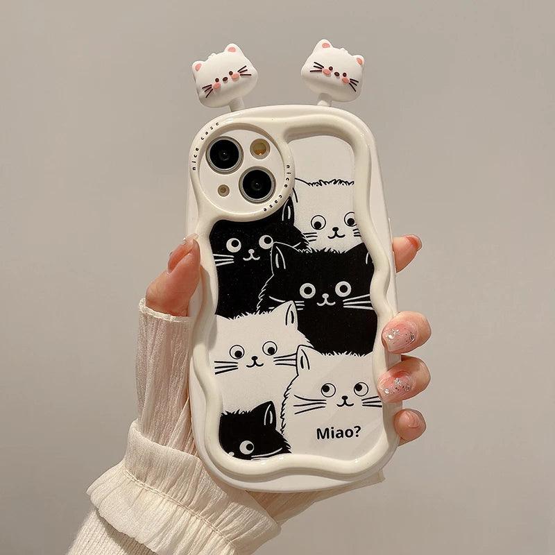 Cartoon 3D Cat Curve Bumper Cute Phone Case Cover for iPhone 11, 12, 13, 14, 15 Pro Max