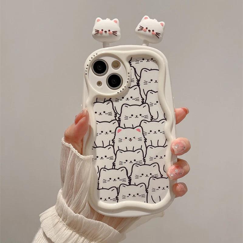 Cartoon 3D Cat Curve Bumper Cute Phone Case Cover for iPhone 11, 12, 13, 14, 15 Pro Max