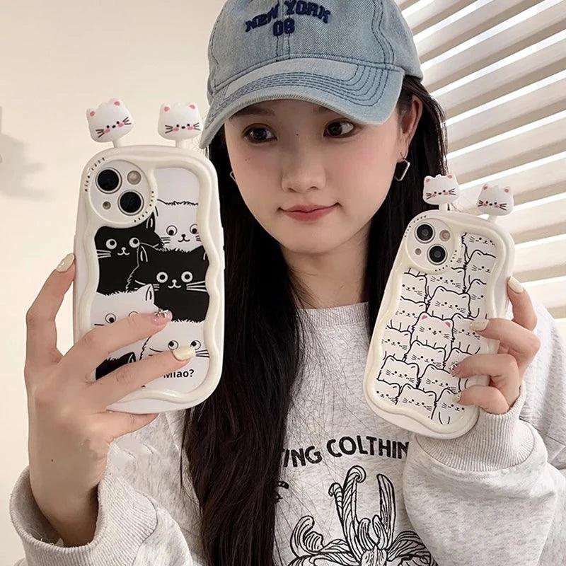 Cartoon 3D Cat Curve Bumper Cute Phone Case Cover for iPhone 11, 12, 13, 14, 15 Pro Max