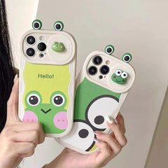 Cartoon 3D Smiley Frog - Cute Phone Cases For iPhone 15 14 Pro Max 13 12 11 14 Plus -  Slide Camera Lens  Cover