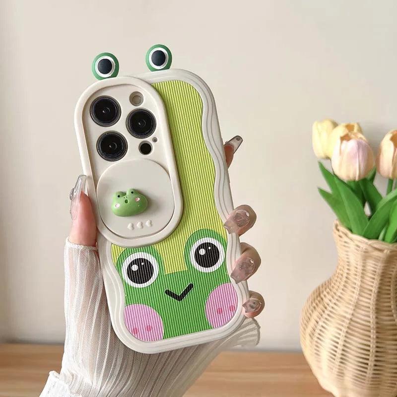 Cartoon 3D Smiley Frog - Cute Phone Cases For iPhone 15 14 Pro Max 13 12 11 14 Plus -  Slide Camera Lens  Cover