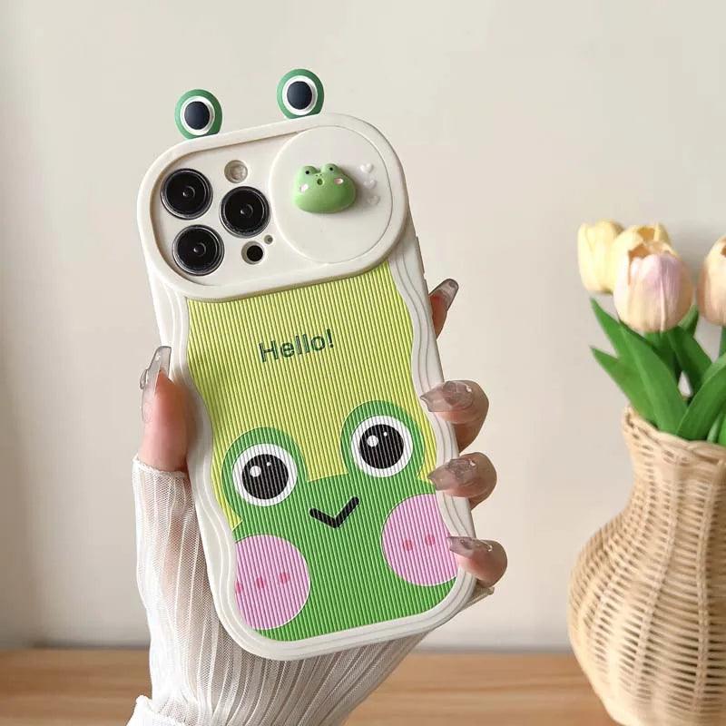 Cartoon 3D Smiley Frog - Cute Phone Cases For iPhone 15 14 Pro Max 13 12 11 14 Plus -  Slide Camera Lens  Cover