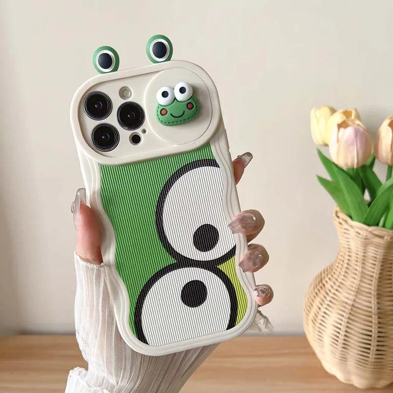 Cartoon 3D Smiley Frog - Cute Phone Cases For iPhone 15 14 Pro Max 13 12 11 14 Plus -  Slide Camera Lens  Cover