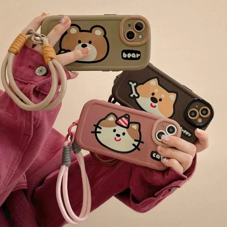 Cartoon Animal iPhone 15 Pro Max/14/13/11/12 Cute Phone Case with Portable Lanyard