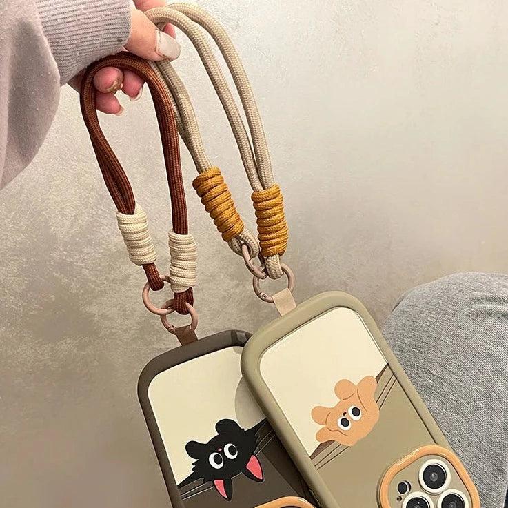 Cartoon Cat Puppy Cute Phone Case with Lanyard for iPhone 15 Pro Max, 14, 13, 11, 12