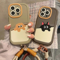 Cartoon Cat Puppy Cute Phone Case with Lanyard for iPhone 15 Pro Max, 14, 13, 11, 12