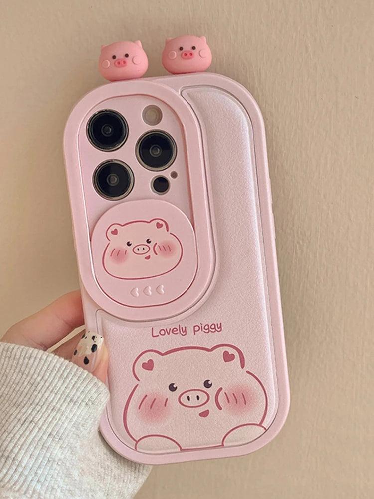 Cartoon Pink Pig, Puppy, Panda, and Cow Cute Phone Case For iPhone 15 Pro Max, 14, 13, 11, or 12