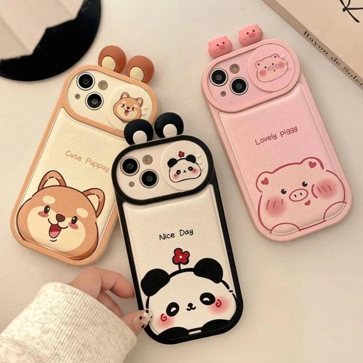 Cartoon Pink Pig, Puppy, Panda, and Cow Cute Phone Case For iPhone 15 Pro Max, 14, 13, 11, or 12