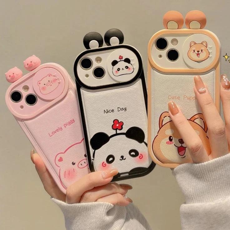 Cartoon Pink Pig, Puppy, Panda, and Cow Cute Phone Case For iPhone 15 Pro Max, 14, 13, 11, or 12