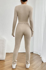 V-Neck Long Sleeve Cropped Top and Pants Set