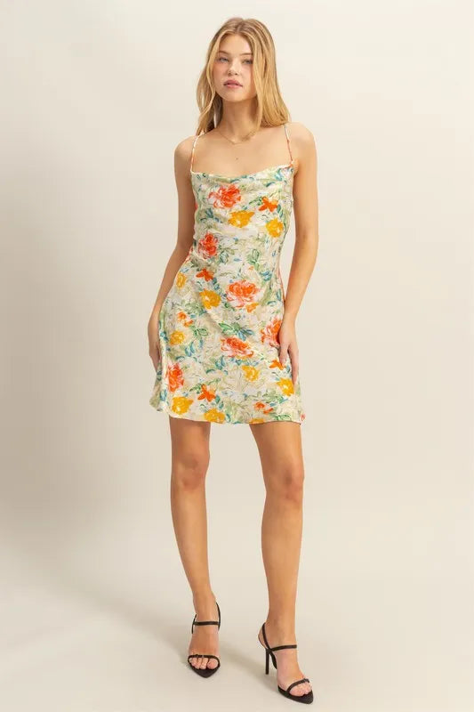 Floral Cowl Neck Flirty Satin Mini Dress