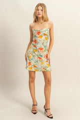 Floral Cowl Neck Flirty Satin Mini Dress