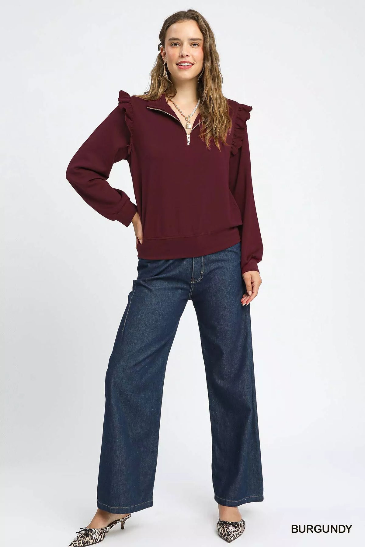 Ruffle Shoulder Quarter-Zip Sweatshirt