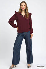 Ruffle Shoulder Quarter-Zip Sweatshirt