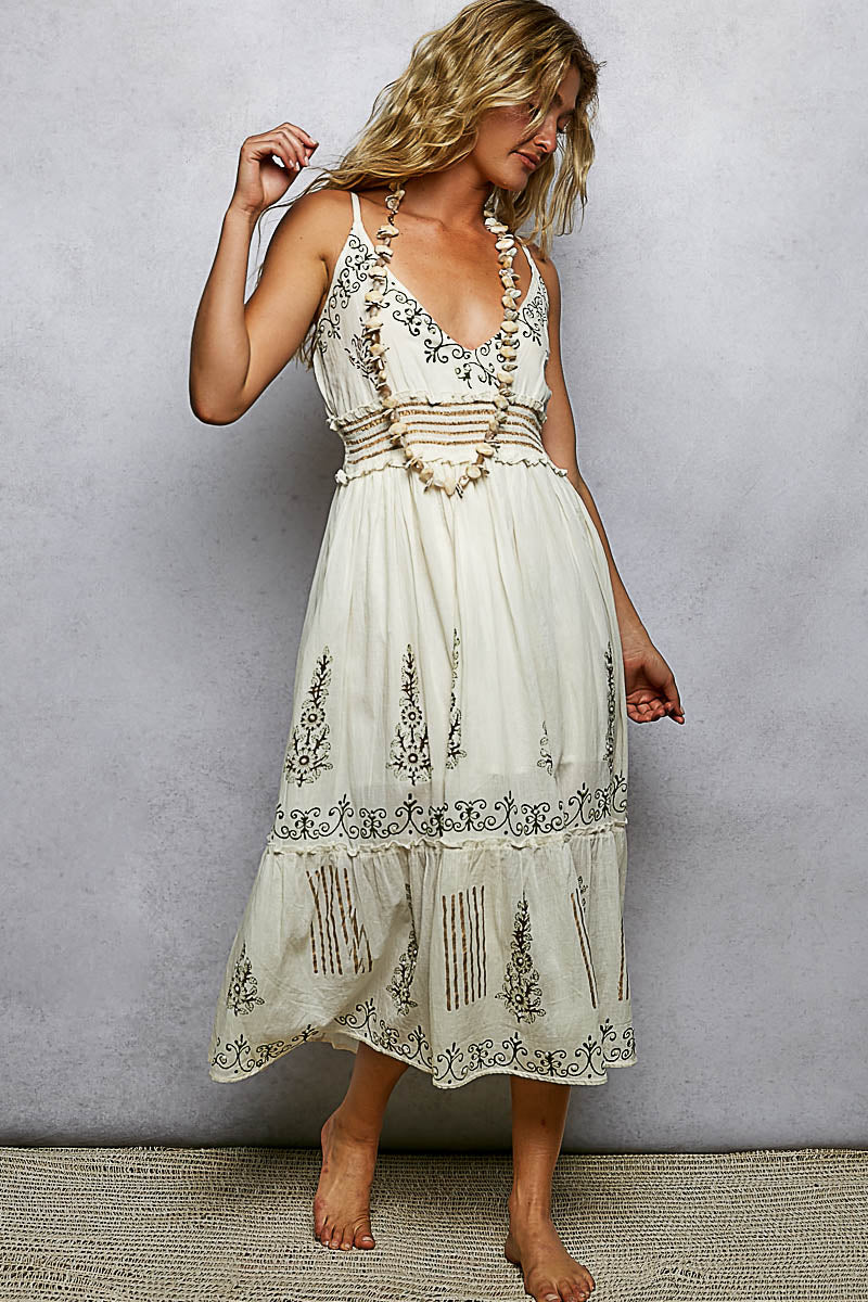 Smocked Waistband Floral Midi Cami Dress
