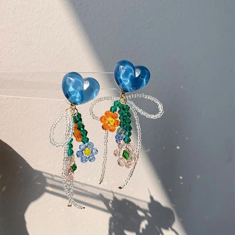 Blue Beaded Flower Earrings