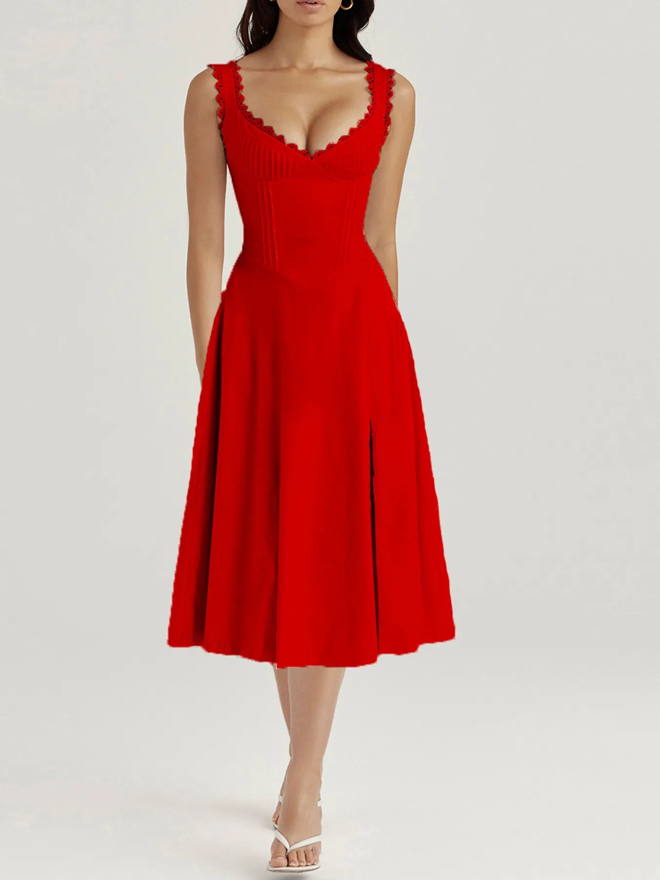 V-Neck Midi Dress with Back Lace-Up