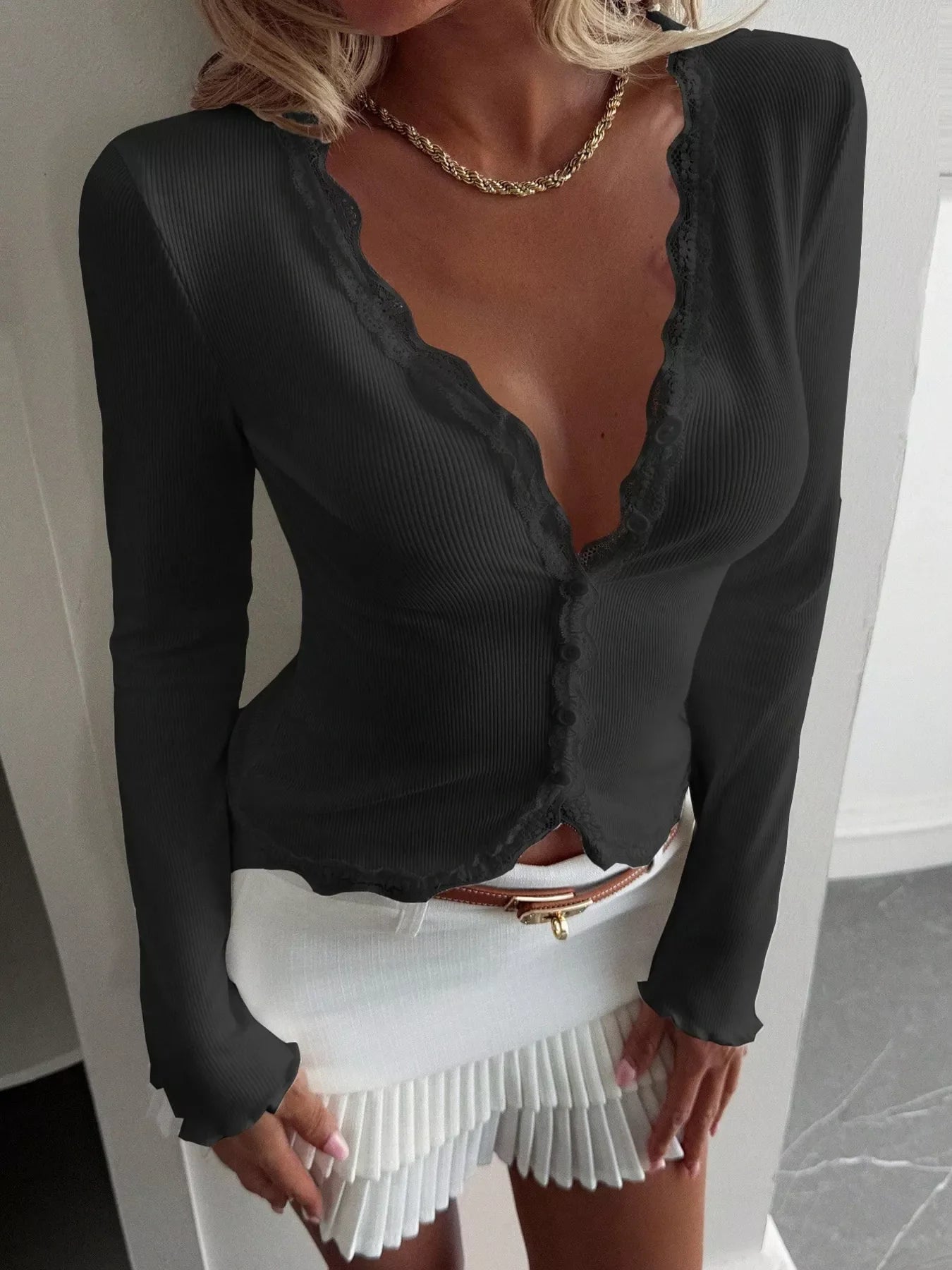 Lace Trim Long Sleeve Top