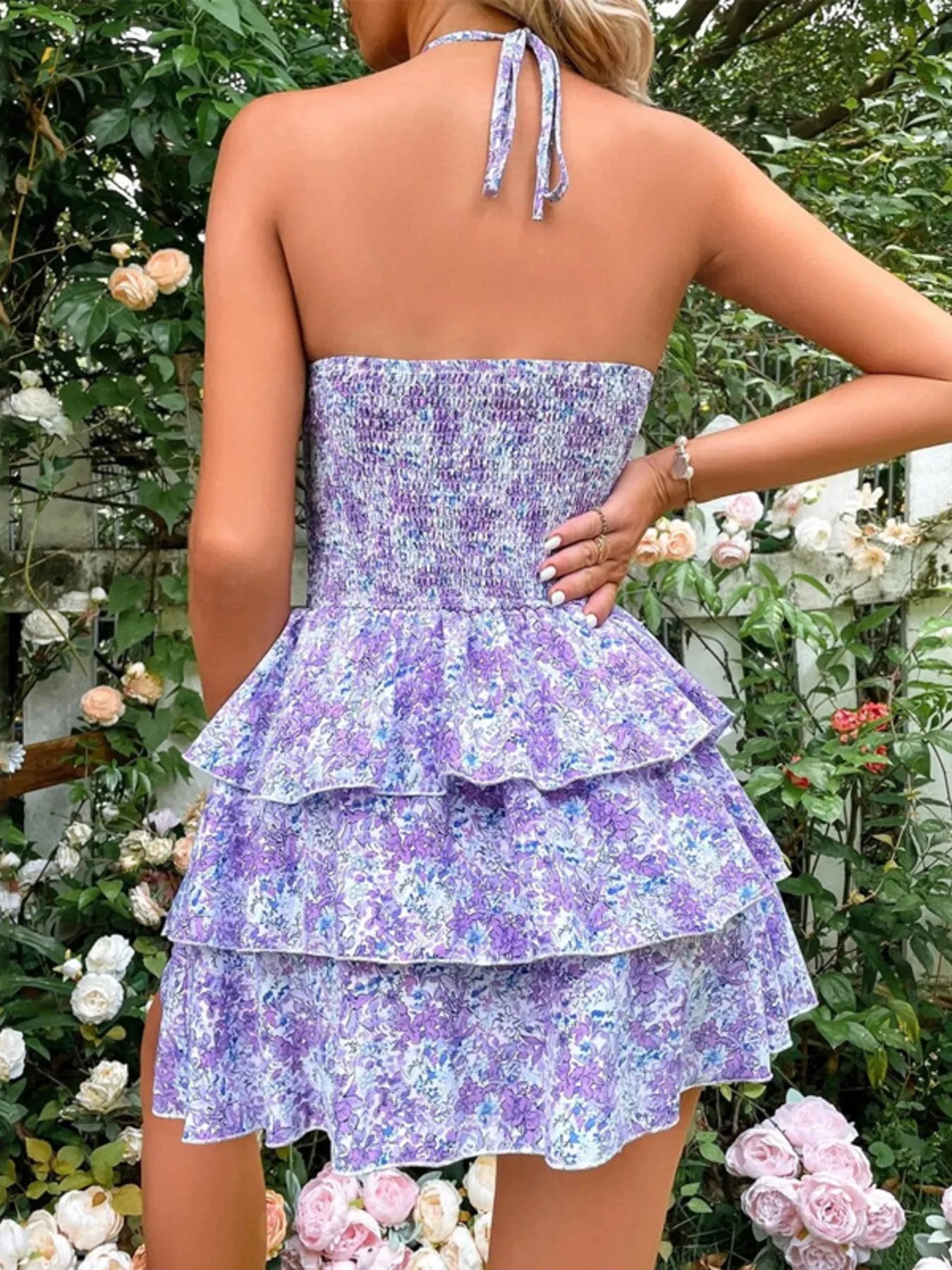 Floral Halter Cutout Ruffled Mini Dress