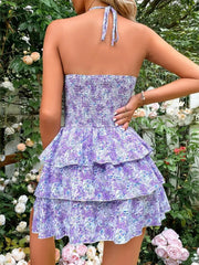 Floral Halter Cutout Ruffled Mini Dress