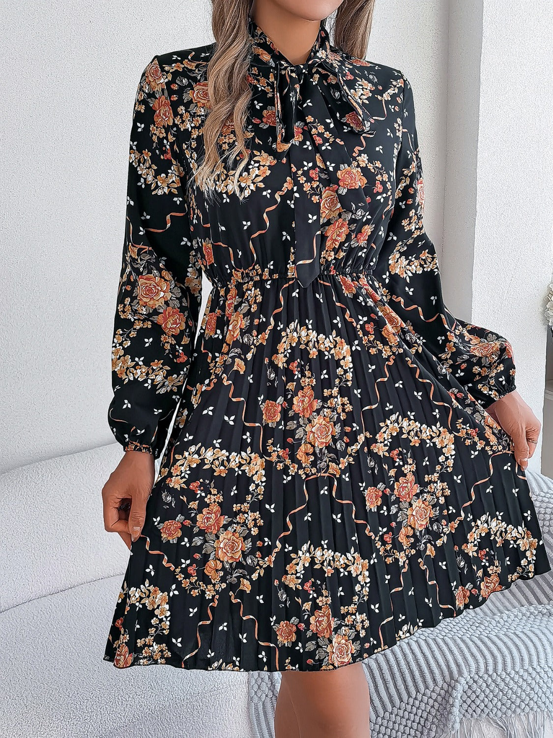 Pleated Printed-Tie Neck Long Sleeve Dress