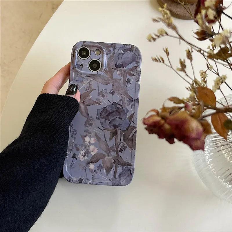 Charming Gray Flowers Oil Painting Cute Phone Cases For iPhone 12 Pro Max 13 11 14 And 14 Pro