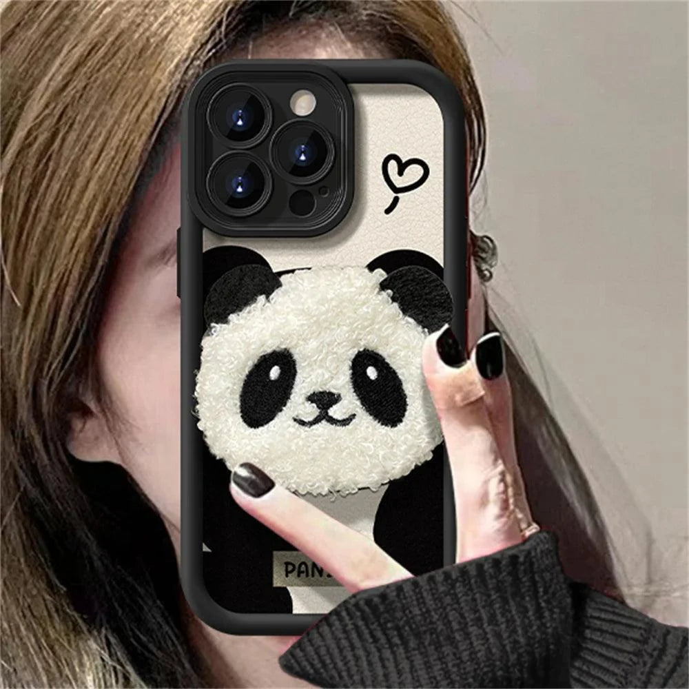 Cute 3D Plush Panda Doll Cartoon Phone Case for iPhone 15 Pro Max, 14, 13, 12 Pro, 11, and 15 Plus