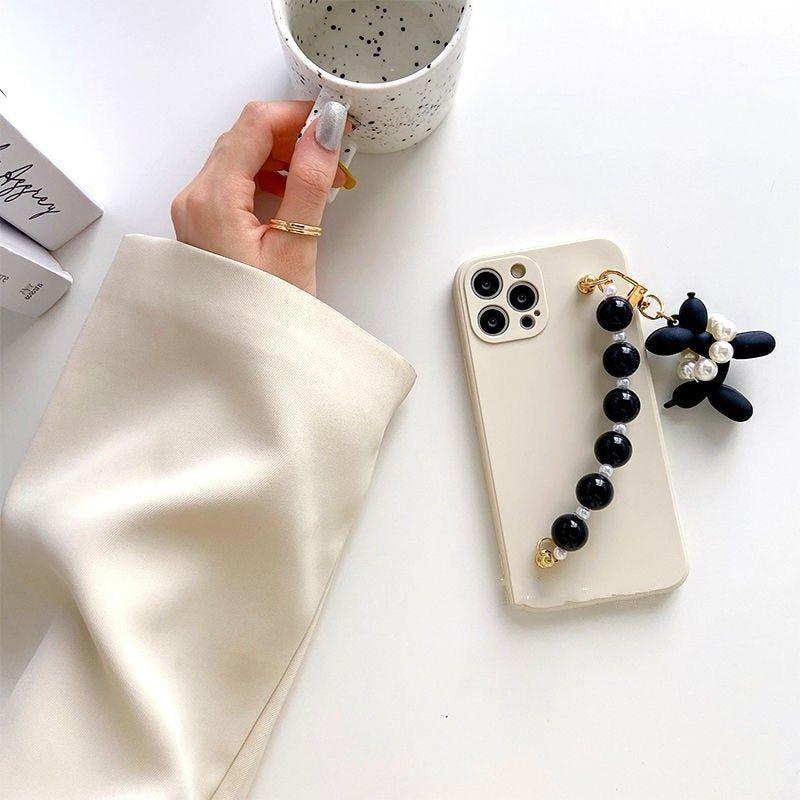 Cute Balloon Dog Pearl Chain Phone Case for iPhone 14, X, XR, XS, 11, 13 Pro Max, 12 Pro, 7 Plus, 8 Plus, 6S, 7, 8 Plus, SE, and Mini