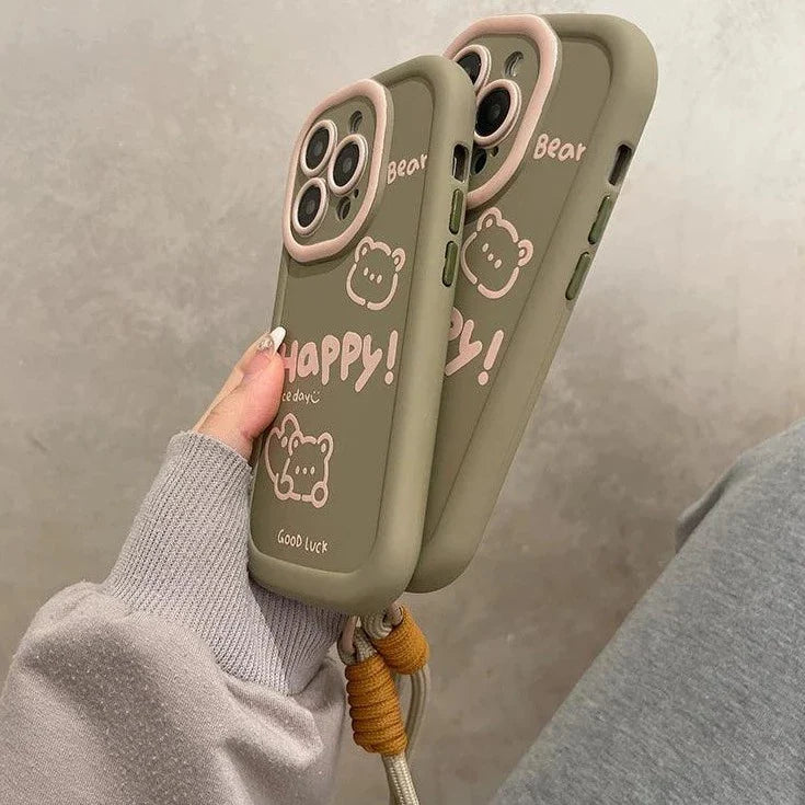 Cute Bear Phone Case with Hand Strap Rope for iPhone 11, 12, 13, 14, 15 Pro Max