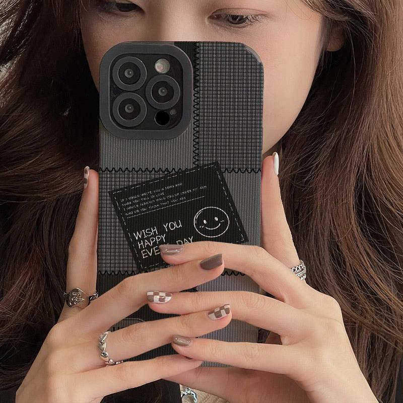 Cute Black Smiley Letter Phone Case Cover for iPhone 14, 13, 11, 12 Pro, XS Max, 6, 7, 8 Plus, X Mini, XR