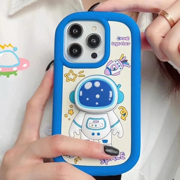 Cute Cartoon Astronaut Phone Case with Holder for iPhone 15, 14, 13, 12 Pro Max