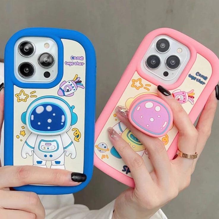 Cute Cartoon Astronaut Phone Case with Holder for iPhone 15, 14, 13, 12 Pro Max