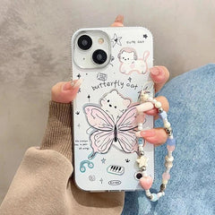 Cute Cartoon Butterfly Cat Phone Case with Chain for iPhone 11, 12, 13, 14, 15 Pro Max, and 15 Plus