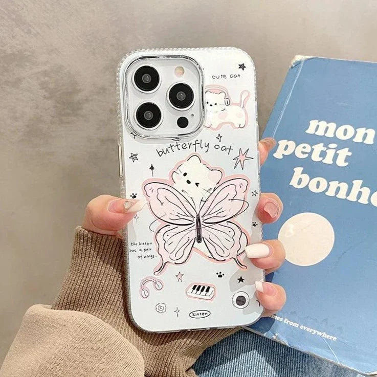 Cute Cartoon Butterfly Cat Phone Case with Chain for iPhone 11, 12, 13, 14, 15 Pro Max, and 15 Plus