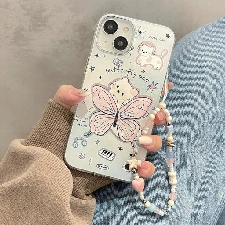 Cute Cartoon Butterfly Cat Phone Case with Chain for iPhone 11, 12, 13, 14, 15 Pro Max, and 15 Plus